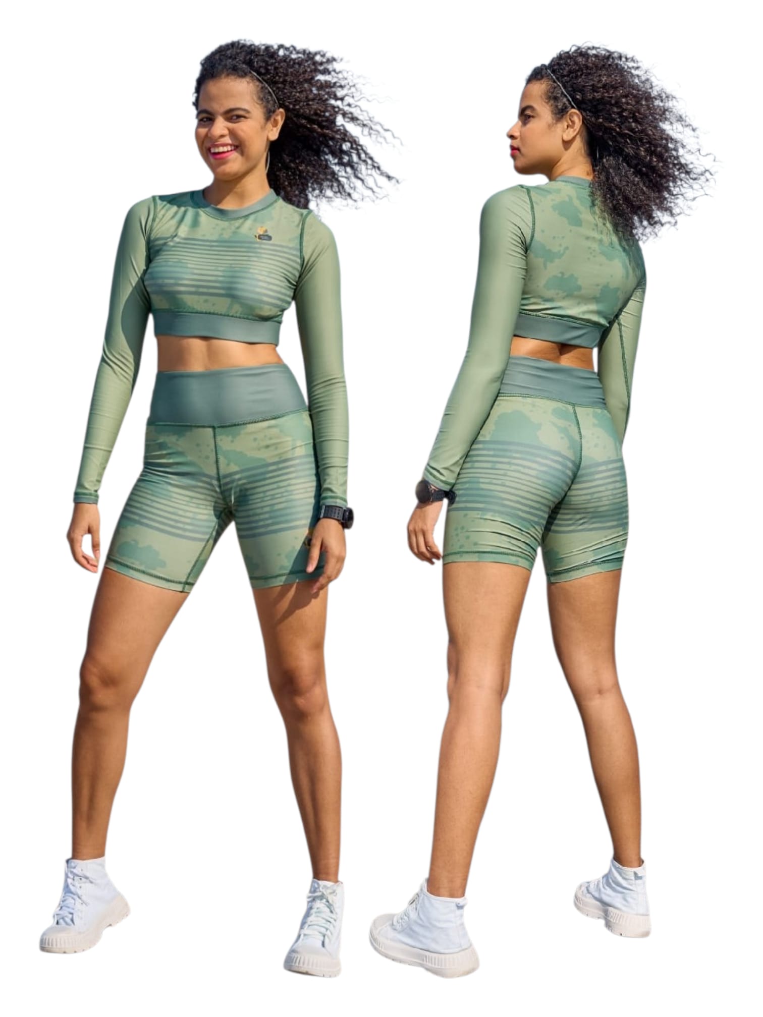 Sage Camo Activewear Set – Long Sleeve Crop Top & Biker Shorts