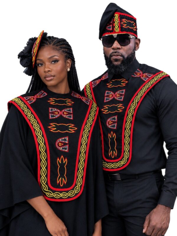 Man and woman wearing the unisex Toghu Embroidered Cape by Africstyle Fashion