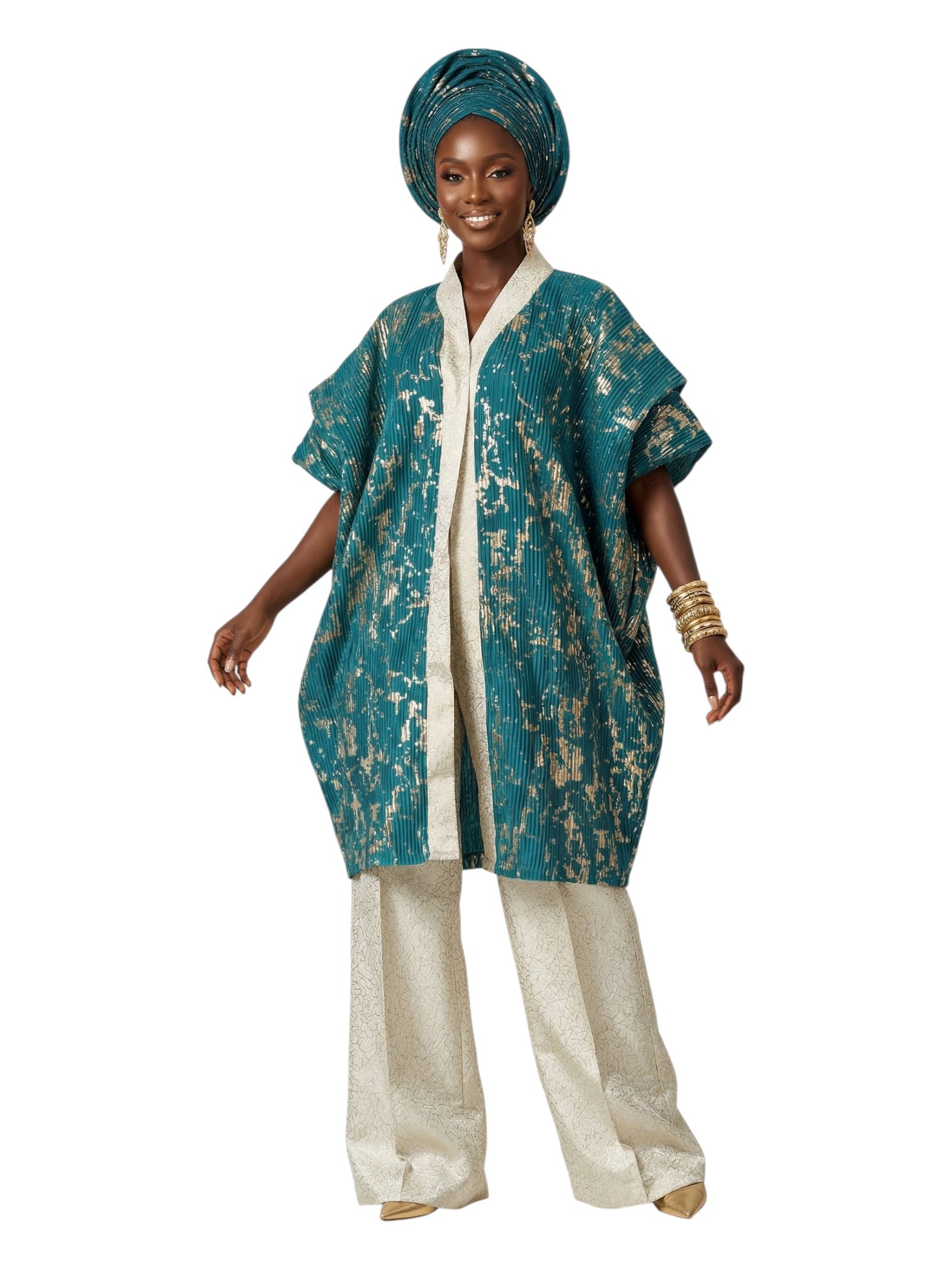 Woman in a teal and gold boubou set